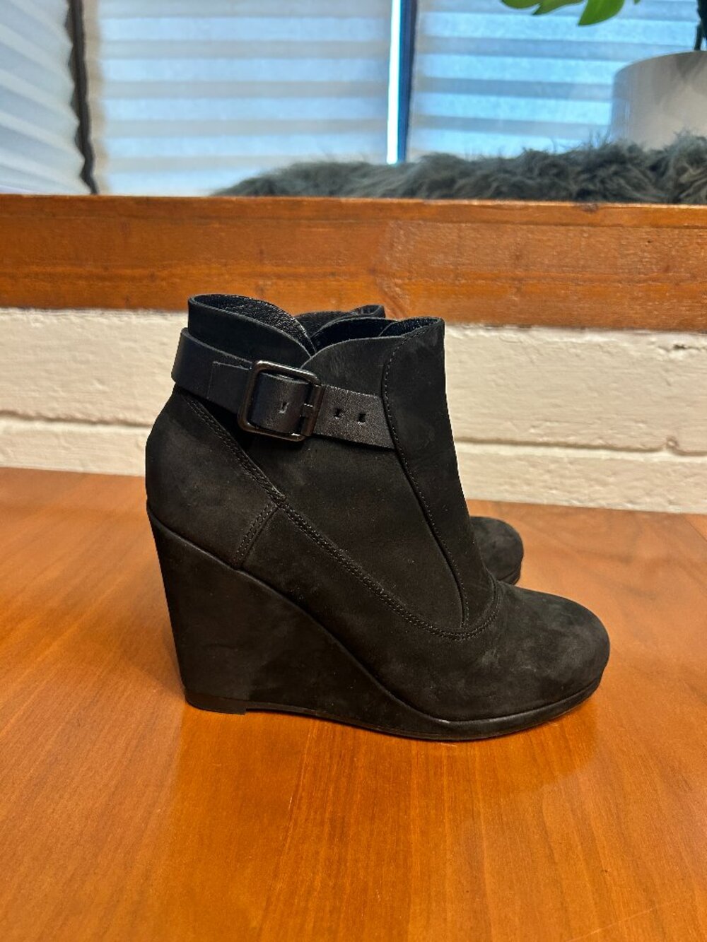 Allsaints Black Nubuck Ankle Strap Buckle Wedge Heel Bootie Size 38 (US 7)